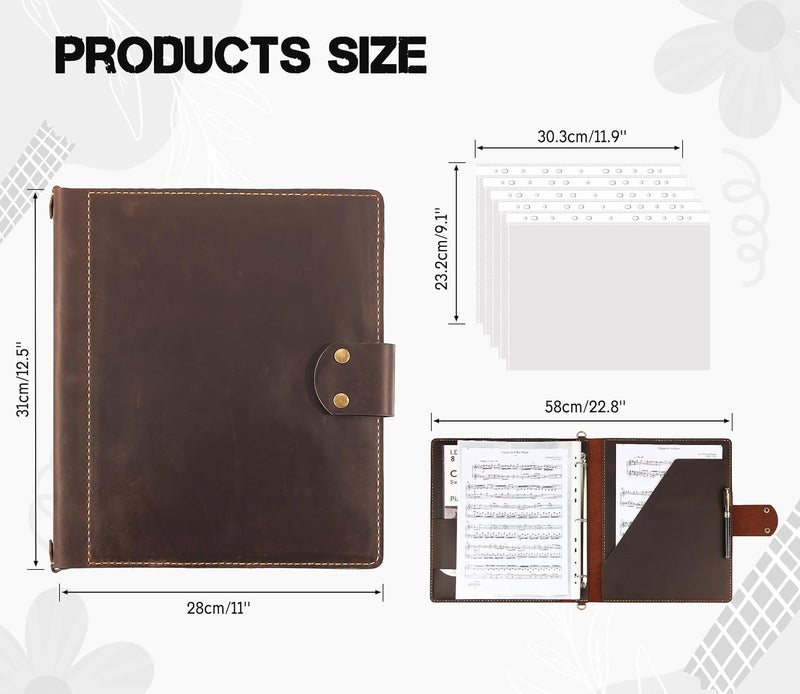 Robrasim Handmade Leather Sheet Music Folder, 3-Ring Choir Binder with Clear Sheet Protectors, Premium Leather Portfolio for Music Organizer & Office Use - Coffee - Image 3